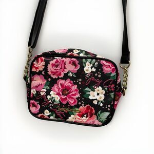 JUICY COUTURE LA, PINK FLORAL BAG, ADJUSTABLE CROSSBODY BAG, 9" W X 7"H,